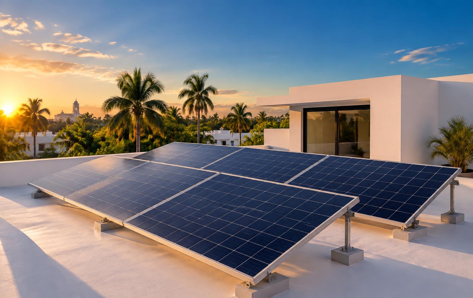 Paneles solares instalados en la azotea de una casa en Mérida